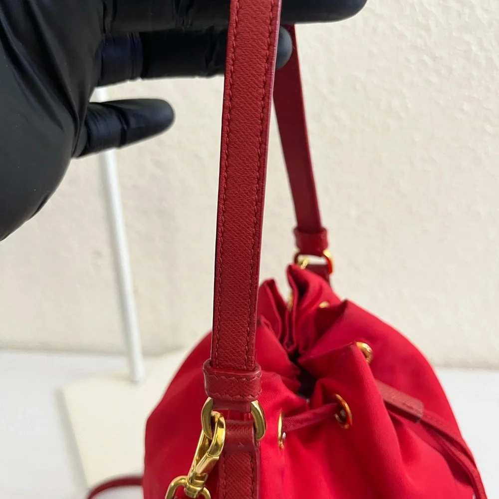 Prada Red Nylon Drawstring Crossbody Bucket Bag with Gold Hardware - Picture 4 of 16